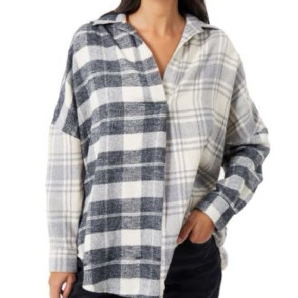 French Connection Flannel Popover Shirt black white size small oversized - Picture 1 of 15